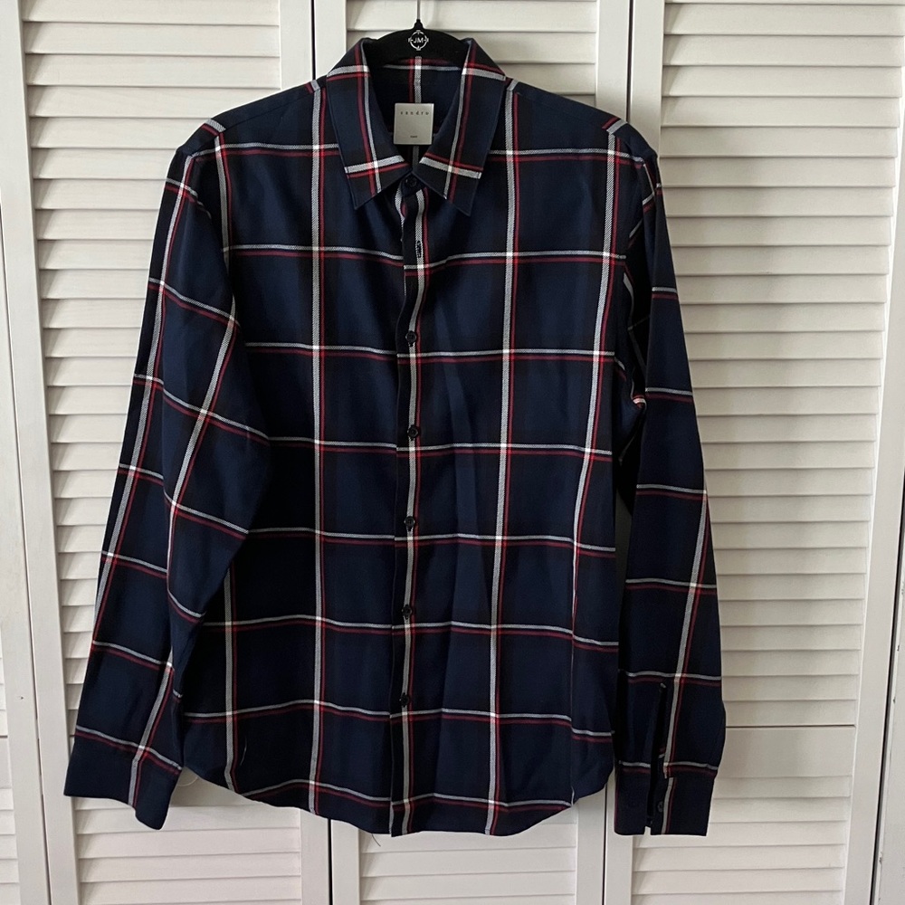 Sandro Navy Plaid Button-Down Shirt with Red and White Windowpane Plaid Size L
